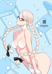 Rule 34 | 1girl, arched back, artist name, ban! (bansankan), bare shoulders, bikini, black-framed eyewear, black ribbon, blonde hair, blue background, blue eyes, bottomless, braid, breasts, chair, commentary request, covered erect nipples, desk, floating hair, from side, glasses, gloves, hair ribbon, half gloves, halterneck, leaning forward, long hair, looking at viewer, low twin braids, medium breasts, navel, original, parted bangs, parted lips, ribbon, school desk, semi-rimless eyewear, solo, stomach, swimsuit, twin braids, under-rim eyewear, white bikini, white gloves