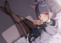 Rule 34 | 1girl, animal ears, artist name, black choker, black hair, black jacket, black pantyhose, blue archive, cat ears, choker, colored inner hair, food, food in mouth, hair ornament, hairclip, halo, highres, hood, hooded jacket, jacket, kazusa (blue archive), looking at viewer, multicolored hair, pantyhose, pink hair, pink halo, pleated skirt, pocky, pocky day, pocky in mouth, red eyes, rryiup, short hair, signature, sitting, skirt, solo, white skirt