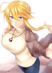 Rule 34 | 1girl, absurdres, artoria pendragon (fate), artoria pendragon (lancer) (fate), blonde hair, blue eyes, blue pants, braid, braided bun, breasts, brown jacket, bukiya (weaponman), casual, commentary request, contemporary, denim, fate/grand order, fate (series), hair bun, highres, jacket, jeans, jewelry, large breasts, looking at viewer, necklace, outstretched hand, pants, ribbed sweater, short hair with long locks, sidelocks, smile, solo, sweater, white sweater