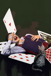 Rule 34 | 1boy, ace (playing card), ace of hearts, bandages, black hair, card, cat, daniel j. d&#039;arby, eight of diamonds (playing card), facial hair, heart, heizuo, jojo no kimyou na bouken, laughing, male focus, mustache, playing card, solo, vest