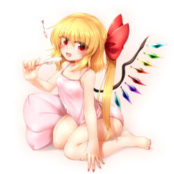 Rule 34 | 1girl, alternate costume, bare shoulders, barefoot, blonde hair, bow, camisole, collarbone, crystal, fang, flandre scarlet, food, full body, gradient background, hair between eyes, hair bow, highres, holding, holding food, ice cream, long hair, looking at viewer, marukyuu ameya, multicolored wings, nail polish, no headwear, open mouth, panties, pillow, pink camisole, pink panties, red bow, red eyes, red nails, side ponytail, simple background, skin fang, solo, toenail polish, toenails, touhou, underwear, wings