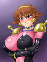 Rule 34 | ameoto, blush, breast hold, breasts, covered erect nipples, crossed arms, elbow gloves, formal, g gundam, gloves, gundam, highres, large breasts, mobile trace suit, rain mikamura, suit