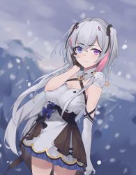 Rule 34 | 1girl, another project, asymmetrical gloves, bad bilibili id, bad id, black gloves, blue eyes, breasts, chinese commentary, cleavage, dress, elbow gloves, gloves, hand on own face, hecatia astarte, heterochromia, highres, long hair, looking at viewer, medium breasts, mismatched gloves, multicolored hair, pink hair, purple eyes, silver hair, single elbow glove, smile, snow, snowing, solo, streaked hair, two side up, very long hair, virtual youtuber, white dress, white gloves, xiaogu ju