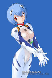 Rule 34 | 1girl, ayanami rei, blue background, blue hair, blush, bodysuit, bracer, breasts, covered navel, cowboy shot, female pubic hair, from side, gloves, hair between eyes, hair ornament, looking away, medium breasts, neon genesis evangelion, nipples, own hands together, plugsuit, pubic hair, red eyes, see-through, see-through bodysuit, shibata masahiro, short hair, simple background, solo, turtleneck, v arms, watermark, web address