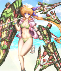 Rule 34 | 1girl, alternate weapon, beach, bikini, blue sky, breasts, cleavage, cloud, cloudy sky, commentary request, criss-cross halter, day, fortress (nanoha), green bikini, hair ribbon, halterneck, highres, hood, hood down, hoodie, horizon, itutooki kousin, leg up, looking at viewer, lyrical nanoha, mahou senki lyrical nanoha force, mahou shoujo lyrical nanoha, medium hair, navel, no pants, ocean, open clothes, open hoodie, open mouth, orange hair, outdoors, partial commentary, pink hoodie, purple eyes, purple ribbon, raising heart, raising heart (blaster bit), raising heart estrea, ribbon, sandals, scrunchie, side ponytail, sky, solo, standing, standing on one leg, strike cannon, swimsuit, takamachi nanoha, translated, weapon, white footwear, wrist scrunchie