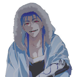 Rule 34 | 1boy, armor, blue hair, capelet, collarbone, cu chulainn (caster) (fate), cu chulainn (fate), cu chulainn (fate/stay night), earrings, fangs, fate/grand order, fate (series), fur-trimmed hood, fur trim, hood, hood up, hooded capelet, jewelry, long hair, looking at viewer, male focus, namo, open mouth, red eyes, simple background, smile, solo, type-moon, vambraces, white background