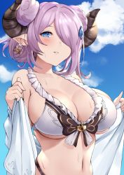 Rule 34 | 1girl, bare shoulders, bikini, blue eyes, blue hair, blue sky, blush, breasts, cleavage, collarbone, double bun, draph, earrings, granblue fantasy, haido (ryuuno kanzume), hair bun, hair ornament, hair over one eye, heart, heart-shaped pupils, highres, horns, jacket, jewelry, large breasts, light purple hair, long hair, looking at viewer, narmaya (granblue fantasy), navel, off shoulder, open clothes, open jacket, parted lips, pointy ears, sky, swimsuit, symbol-shaped pupils, white bikini, white jacket