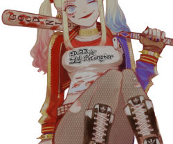 Rule 34 | 1girl, baseball bat, blood, dc comics, fishnet pantyhose, fishnets, harley quinn, jacket, lipstick, makeup, one eye closed, pantyhose, sitting, solo, suicide squad, twintails, wink