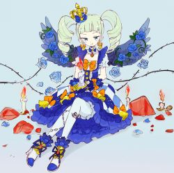 Rule 34 | 1girl, aikatsu!, aikatsu! (series), bell, blue background, blue dress, blue eyes, blue flower, blue pantyhose, blue rose, blunt bangs, candle, chain, closed mouth, crown, dress, drill hair, earrings, flower, frills, green hair, jewelry, long hair, mokeo, pantyhose, rose, short sleeves, simple background, sitting, solo, tilted headwear, todo yurika, twin drills, twintails, wings
