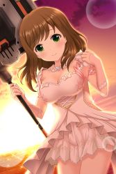 Rule 34 | 1girl, absurdres, alternative girls, breasts, brown hair, choker, cleavage, closed mouth, dress, green eyes, hand on own shoulder, heart, heart choker, highres, hirose koharu, holding, holding weapon, long hair, looking at viewer, ocean, official art, smile, solo, sunlight, sunset, weapon, white dress