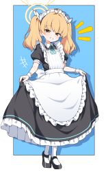 Rule 34 | 1girl, absurdres, alternate costume, apron, black dress, black footwear, blonde hair, blue archive, blue ribbon, brown eyes, commentary, dress, enmaided, frilled apron, frilled dress, frills, full body, grin, halo, highres, lettu, long dress, looking at viewer, maid, maid apron, maid headdress, medium hair, neck ribbon, notice lines, puffy short sleeves, puffy sleeves, ribbon, shoes, short sleeves, skirt hold, smile, solo, standing, teeth, thighhighs, twintails, white apron, white thighhighs, wrist cuffs, yellow halo, yoshimi (blue archive)