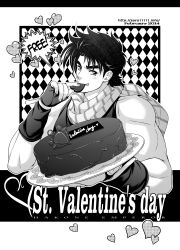 Rule 34 | 1boy, cake, candy, chocolate, chocolate heart, dated, eating, food, greyscale, heart, heart-shaped food, jojo no kimyou na bouken, joseph joestar, joseph joestar (young), looking at viewer, male focus, monochrome, scarf, solo, striped clothes, striped scarf, valentine, watermark, web address, zero1