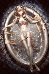 Rule 34 | 1girl, absurdres, arknights, bare arms, bare shoulders, bathing, bathtub, bikini, blonde hair, blue eyes, blue hairband, braid, breasts, chinese commentary, cleavage, closed mouth, clothing cutout, collarbone, commentary request, crossed legs, dragon horns, full body, hairband, highres, horns, large breasts, long hair, long loye, looking away, looking to the side, lying, navel, on back, partially submerged, saileach (arknights), smile, solo, stirrup legwear, stomach, swimsuit, thighhighs, toeless legwear, toenails, twin braids, underboob, underboob cutout, very long hair, water, white bikini, white thighhighs