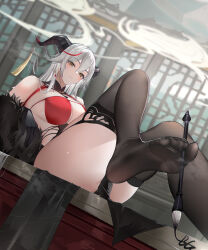 Rule 34 | 1girl, aegir (azur lane), aegir (golden dragon among auspicious clouds) (azur lane), azur lane, baige0, bare shoulders, black gloves, black horns, black thighhighs, blush, breasts, calligraphy brush, feet, foot focus, gloves, grey hair, horn ornament, horns, large breasts, looking at viewer, multicolored hair, official alternate costume, paintbrush, parted lips, red hair, sitting, smile, soles, solo, streaked hair, thighhighs, thighs, yellow eyes