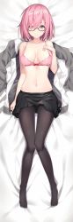 Rule 34 | 1girl, bed sheet, black-framed eyewear, black pantyhose, black skirt, bow, bow bra, bra, breasts, cleavage, collarbone, fate/grand order, fate (series), from above, full body, glasses, hair over breasts, hair over one eye, highres, jacket, unworn jacket, looking at viewer, lying, mash kyrielight, medium breasts, midriff, miniskirt, navel, on back, pantyhose, pink bra, pink hair, pleated skirt, purple eyes, red bow, rin yuu, short hair, skirt, solo, stomach, underwear