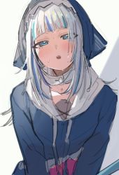 Rule 34 | 1girl, absurdres, animal hood, blue eyes, blue hair, blue hoodie, commentary, flat chest, freng, gawr gura, gawr gura (1st costume), highres, hololive, hololive english, hood, hoodie, korean commentary, long hair, looking at viewer, multicolored hair, open mouth, shark hood, sharp teeth, silver hair, simple background, sketch, solo, streaked hair, sweat, teeth, two-tone hair, upper body, virtual youtuber, white background