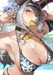 Rule 34 | 1girl, 2021, animal print, arms up, bell, bikini, black nails, blush, breasts, chinese zodiac, cleavage, collarbone, commentary request, cow print, cowbell, facial mark, frilled hairband, frills, grey hair, hair ribbon, hairband, hand in own hair, highres, horns, huge breasts, long hair, looking at viewer, mouth hold, nail polish, neck bell, neshia (tsaqif0309), orange eyes, original, print bikini, print hairband, print ribbon, ribbon, solo, string bikini, swimsuit, wet, white hair, year of the ox