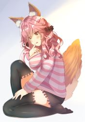 Rule 34 | 10s, 1girl, absurdres, animal ears, black thighhighs, blush, breasts, cleavage, fate/extra, fate/extra ccc, fate (series), fox ears, highres, hood, hoodie, jacket, kneeling, large breasts, looking at viewer, official alternate costume, open mouth, pink hair, pink jacket, scrunchie, solo, striped clothes, striped jacket, sylux, tail, tamamo (fate), tamamo no mae (fate/extra), tamamo no mae (spring casual) (fate), thighhighs, thighs, yellow eyes