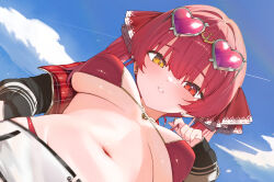 Rule 34 | 1girl, absurdres, bikini, bikini under shorts, black jacket, blue sky, breasts, commentary request, covered erect nipples, from below, gold necklace, heart, heart necklace, heterochromia, highres, hololive, houshou marine, houshou marine (summer), jacket, jewelry, large breasts, long hair, looking at viewer, looking down, necklace, official alternate costume, open clothes, open jacket, parted lips, purple-tinted eyewear, red bikini, red eyes, red hair, shorts, sky, solo, swimsuit, tinted eyewear, twintails, virtual youtuber, white shorts, yellow eyes, yuzuyukiha