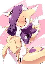 Rule 34 | 1girl, :3, animal ears, anus, arm up, bar censor, blush, bridal gauntlets, censored, claws, clitoral hood, closed eyes, digimon, digimon (creature), digimon tamers, embarrassed, female focus, flat chest, fox tail, full-face blush, furry, furry female, gloves, hand on own face, hand on own head, hand up, highres, himamushi nyuudou, knee up, navel, nude, open mouth, pink background, purple gloves, pussy, renamon, sharp teeth, shiny clothes, shiny skin, shy, simple background, sitting, solo, spread legs, tail, tattoo, teeth, tongue, two-tone background, yin yang
