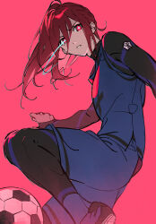 Rule 34 | 1boy, androgynous, ball, blue lock, chigiri hyoma, dsmile, highres, long hair, looking at viewer, male focus, pink background, red eyes, red hair, soccer ball, soccer uniform, sportswear, trap