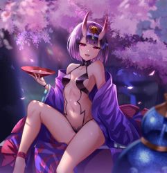 Rule 34 | 1girl, alcohol, ankle ribbon, bare legs, bare shoulders, blunt bangs, blurry, blurry foreground, bob cut, breasts, cherry blossoms, collarbone, commentary request, cup, dappled sunlight, day, depth of field, eyeshadow, falling petals, fangs, fate/grand order, fate (series), fingernails, forest, gem, glowing, glowing petals, gourd, half-closed eyes, halterneck, head tilt, headpiece, highres, holding, holding cup, horns, japanese clothes, kimono, knee up, leg ribbon, long sleeves, looking at viewer, makeup, nature, navel, off shoulder, oni, open clothes, open kimono, open mouth, outdoors, petals, peter02713, pink ribbon, print kimono, purple eyes, purple hair, purple kimono, revealing clothes, ribbon, river, sakazuki, sake, shiny skin, short hair, shuten douji (fate), shuten douji (first ascension) (fate), sitting, skin-covered horns, small breasts, smile, solo, stomach, sunlight, tree, tree shade, turtleneck, water, waterfall, wide sleeves