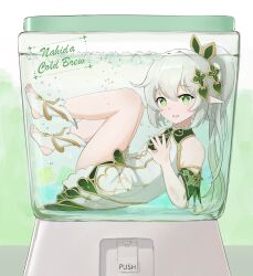 Rule 34 | air bubble, bloomers, box, bubble, child, chinese commentary, commentary, cross-shaped pupils, detached sleeves, dress, english commentary, genshin impact, green eyes, green sleeves, grey hair, hair ornament, highres, ice, ice cube, in box, in container, leaf hair ornament, long hair, looking at viewer, lying, nahida (genshin impact), on back, open mouth, pointy ears, ponytail, pt-cr, sidelocks, sleeveless, sleeveless dress, solo, stirrup footwear, symbol-shaped pupils, toeless footwear, underwater, underwear, white dress, white footwear