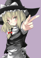 Rule 34 | 1girl, apron, black dress, blonde hair, dress, face, female focus, green eyes, kirisame marisa, looking at viewer, nakamura kusata, outstretched arm, pink background, pointing, pointing at viewer, puffy short sleeves, puffy sleeves, short sleeves, simple background, solo, touhou, waist apron
