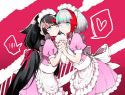 Rule 34 | 2girls, admiral graf spee (azur lane), alternate costume, apron, azur lane, black hair, blue eyes, bow, bowtie, cheek-to-cheek, commentary, deutschland (azur lane), dress, food, food on face, frilled apron, frills, hair ribbon, heads together, heart, holding hands, icing, long hair, looking at another, low ponytail, maid, maid apron, maid headdress, multicolored hair, multiple girls, pastry bag, pink dress, revision, ribbon, short hair, siblings, sisters, spoken blush, spoken heart, streaked hair, takeakigaku, white hair