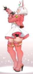 Rule 34 | 1girl, ahoge, animal ear headwear, animal ears, bike shorts, black gloves, boots, bracelet, breasts, cheshirrr, closed eyes, dress, elphelt valentine, eyeliner, fake animal ears, fingerless gloves, frilled dress, frilled skirt, frills, from side, full body, gloves, guilty gear, guilty gear strive, hairband, high heels, highres, holding, holding microphone, huge ahoge, jacket, jewelry, leather, leather jacket, makeup, medium breasts, microphone, music, open mouth, pink footwear, pink jacket, red eyeliner, short dress, short hair, simple background, singing, skindentation, skirt, solo, spiked bracelet, spiked footwear, spikes, standing, teeth, thick thighs, thigh boots, thigh strap, thighhighs, thighs, white background, white dress, white hair