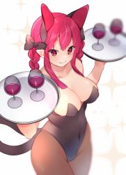 Rule 34 | 1girl, akagashi hagane, alcohol, animal ears, bare shoulders, black bow, black leotard, bow, braid, breasts, brown pantyhose, cat ears, cleavage, commentary, covered navel, cowboy shot, cup, drinking glass, hair bow, hands up, holding, holding tray, kaenbyou rin, kittysuit, large breasts, leotard, long hair, looking at viewer, multiple tails, nontraditional playboy bunny, pantyhose, perspective, pointy ears, red eyes, red hair, sidelocks, simple background, smile, solo, sparkle, symbol-only commentary, tail, touhou, tray, twin braids, twintails, two tails, white background, wine, wine glass