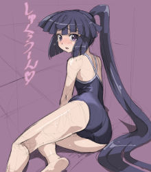 Rule 34 | 10s, 1girl, akatsuki (log horizon), all fours, ass, barefoot, black hair, blush, competition school swimsuit, feet, from behind, log horizon, long hair, looking back, one-piece swimsuit, ponytail, purple eyes, rohitsuka, school swimsuit, sketch, solo, swimsuit, tears, very long hair