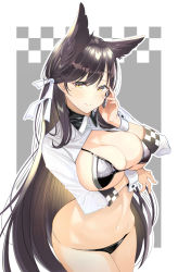 Rule 34 | 1girl, animal ears, atago (azur lane), atago (stunning speedster) (azur lane), azur lane, bikini, black bikini, black hair, blush, breast hold, breasts, checkered background, cleavage, closed mouth, commentary, cowboy shot, grey background, groin, hair between eyes, hair ribbon, highres, large breasts, logo, long hair, long sleeves, looking at viewer, mole, mole under eye, navel, official alternate costume, outline, race queen, ribbon, shrug (clothing), simple background, smile, solo, stomach, string bikini, swimsuit, very long hair, white background, white ribbon, wing collar, wrist cuffs, xiaoxiao de kuangsan, yellow eyes