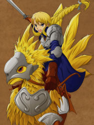 Rule 34 | 1girl, agrias oaks, armor, blonde hair, blue eyes, braid, braided ponytail, breastplate, brown background, brown gloves, chocobo, final fantasy, final fantasy tactics, gloves, highres, holding, holding reins, holding sword, holding weapon, long hair, open mouth, ponytail, reins, riding, shoulder armor, simple background, sword, teeth, upper teeth only, weapon, yuuk33
