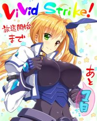 Rule 34 | 1girl, armor, blonde hair, blush, bodysuit, breasts, copyright name, covered navel, cropped jacket, gem, green eyes, hair ribbon, heterochromia, huge breasts, impossible clothes, jacket, juliet sleeves, long hair, long sleeves, looking at viewer, lyrical nanoha, mahou shoujo lyrical nanoha, parody, puffy sleeves, red eyes, ribbon, shinki (shinki59), shiny clothes, side ponytail, smile, solo, star (symbol), starry background, vivid strike!, vivio
