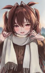 Rule 34 | 1girl, absurdres, animal ears, brown hair, brown sweater, commentary request, daiwa scarlet (umamusume), fang, hair between eyes, highres, horse ears, horse girl, huziko32, long hair, open mouth, red eyes, scarf, skin fang, smile, solo, sweater, twintails, umamusume, upper body, white scarf
