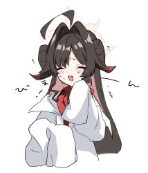 Rule 34 | 1girl, ahoge, black hair, black horns, blue archive, blush, closed eyes, coat, collared shirt, crying, demon horns, halo, highres, horns, kasumi (blue archive), lab coat, long hair, mizupuruta, open mouth, red halo, red shirt, shirt, simple background, sleeves past fingers, sleeves past wrists, solo, upper body, white background, white coat