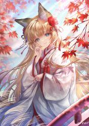 Rule 34 | 1girl, animal ears, autumn leaves, blonde hair, blue eyes, blush, closed mouth, commentary request, flower, fox ears, fox girl, hair flower, hair ornament, hand up, hi-na1, japanese clothes, kimono, long hair, looking at viewer, original, pinching sleeves, red flower, signature, smile, solo, standing, uchikake, upper body, very long hair, white kimono, wide sleeves