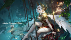 Rule 34 | 1girl, antilous, aqua eyes, arm at side, armor, armored dress, barefoot, between breasts, blue eyes, blurry, breasts, cage, chain, cleavage, commentary request, cuffs, dress, fake wings, feathered wings, feet out of frame, flower, forehead jewel, glowing, head wings, highres, in cage, knees up, large breasts, leaf, long hair, looking away, looking up, original, outstretched leg, pink flower, pink rose, plant, purple flower, red dress, red flower, red rose, restrained, rose, scabbard, sheath, sitting, solo, tiara, white hair, white wings, wings, yellow wings