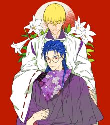 Rule 34 | 2boys, bad id, bad pixiv id, bespectacled, blonde hair, blue hair, cu chulainn (fate), hand fan, fate/stay night, fate (series), flower, folding fan, gilgamesh (fate), glasses, japanese clothes, kimono, lancelot (smalock), cu chulainn (fate/stay night), lily (flower), male focus, multiple boys, simple background