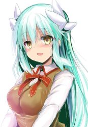 Rule 34 | 1girl, aqua hair, blush, breasts, cosplay, fate/grand order, fate/stay night, fate (series), homurahara academy school uniform, horns, kiyohime (fate), long hair, looking at viewer, medium breasts, open mouth, school uniform, sen (astronomy), smile, solo, upper body, yellow eyes