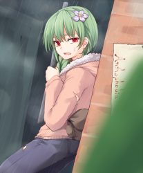 Rule 34 | 1girl, alternate hairstyle, blurry, blurry foreground, braid, brick wall, commentary request, cowboy shot, denim, dutch angle, flower, fur trim, green hair, hair between eyes, hair flower, hair ornament, hand up, highres, holding, hood, hooded jacket, jacket, jeans, kazami yuuka, long sleeves, looking at viewer, miyo (ranthath), open mouth, outdoors, pants, pink jacket, pocket, pouch, purple flower, rain, red eyes, solo, thighs, torn clothes, torn jacket, touhou