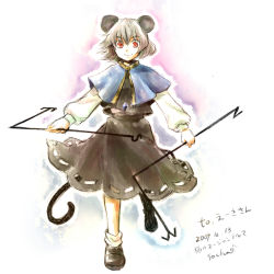 Rule 34 | 1girl, animal ears, dowsing rod, female focus, grey hair, highres, mouse ears, mouse tail, nazrin, red eyes, short hair, simple background, socha, solo, tail, touhou, traditional media