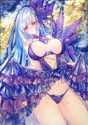 Rule 34 | 1girl, bikini, black dress, blue hair, blunt bangs, blush, braid, breasts, brynhildr (fate), brynhildr (swimsuit berserker) (fate), brynhildr (swimsuit berserker) (second ascension) (fate), chikinan tarou, closed mouth, clothes lift, cowboy shot, dress, dress lift, fate/grand order, fate (series), flower, flower ornament, frilled dress, frills, hair flower, hair ornament, heart, heart-shaped pupils, highres, large breasts, lifted by self, long hair, looking at viewer, multicolored background, multicolored hair, navel, painting (medium), purple bikini, purple eyes, purple flower, purple rose, rose, smile, solo, swimsuit, symbol-shaped pupils, traditional media, watercolor (medium), white hair