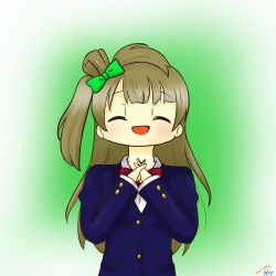 Rule 34 | 1girl, alice37125, artist name, artist request, blazer, blue jacket, blush, bow, brown hair, closed eyes, female focus, hair bow, highres, jacket, light brown hair, long hair, looking at viewer, love live!, love live! school idol project, minami kotori, one side up, pleated skirt, school uniform, side ponytail, skirt, smile, solo
