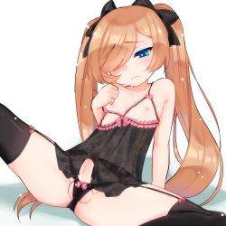 Rule 34 | 1boy, arm support, babydoll, black babydoll, black bow, black panties, black thighhighs, blue eyes, blush, bow, bow panties, brown hair, camisole, closed mouth, cupless, erection, eyebrows, frills, garter belt, garter straps, hair bow, hair over one eye, lingerie, long hair, looking down, male focus, negligee, nipples, panties, penis, penis in panties, pink bow, see-through, sitting, solo, spread legs, swept bangs, testicles, thighhighs, tokoroten (dig0545), trap, twintails, uncensored, underwear, very long hair, wavy mouth