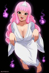 Rule 34 | 1girl, absurdres, breasts, cleavage, collarbone, elpipe 3000, feet, flying, ghost, highres, large breasts, long hair, looking at viewer, one piece, open mouth, perona, pink hair, solo, teeth, toes, tongue