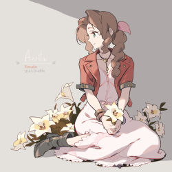 Rule 34 | 1girl, aerith gainsborough, artist name, black footwear, boots, bow, bracelet, brown hair, character name, copyright name, cropped jacket, dated, dress, final fantasy, final fantasy vii, final fantasy vii remake, flower, full body, hair bow, hair ribbon, highres, holding, holding flower, jewelry, long hair, looking to the side, pink bow, pink dress, ribbon, smile, solo, tennohi