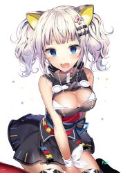 Rule 34 | 1girl, artist name, bad id, bad pixiv id, bare shoulders, between legs, black dress, blue eyes, blush, breasts, cleavage, cleavage cutout, clothing cutout, dress, fang, hand between legs, kaguya luna, large breasts, looking at viewer, obi, open mouth, pinb, red thighhighs, sash, sidelocks, silver hair, sleeveless, sleeveless dress, solo, the moon studio, thighhighs, twintails, virtual youtuber, white background