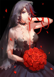 Rule 34 | 10s, 1girl, ask (askzy), bare shoulders, black background, black dress, black hair, bouquet, breasts, choker, cleavage, covered mouth, cowboy shot, dress, flower, hair between eyes, hand to own mouth, holding, holding bouquet, kill la kill, large breasts, looking at viewer, matoi ryuuko, multicolored hair, petals, purple eyes, red hair, ribbon, rose, short hair, solo, strapless, strapless dress, two-tone hair, veil